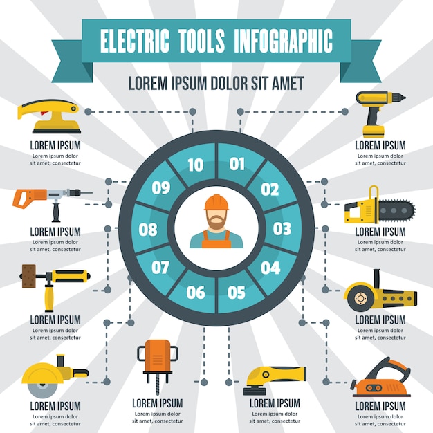 Elektrisch gereedschap infographic, vlakke stijl