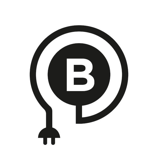 Vector elektrisch logo op letter b teken b letter logo met curl kabel en plug adapter elektriciteit industrieel en technologie vector sjabloon