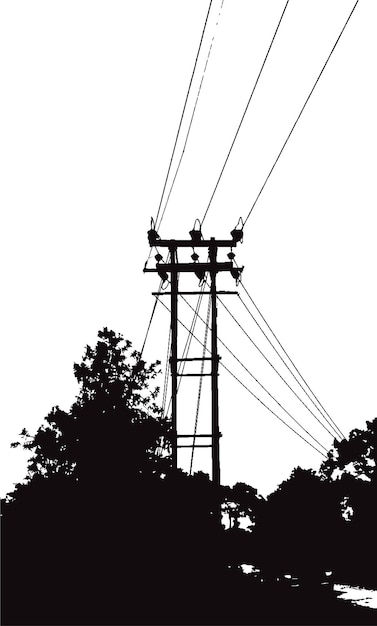 Vector elektrisch poolsilhouet met de lijnen van de hoogspanningsmacht in de illustratie van de plattelandsbosaard