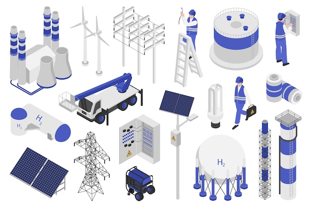 Elektrische apparatuur isometrische elementen constructeur mega set Creator kit met platte grafische elektrici fabriek zonnepanelen elektriciteitslijnen windturbines Vector illustratie in 3d isometrie ontwerp