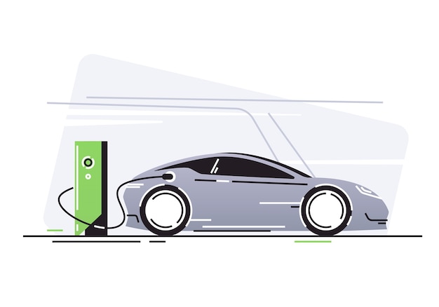 Elektrische auto bij het laadstation van het voertuig.