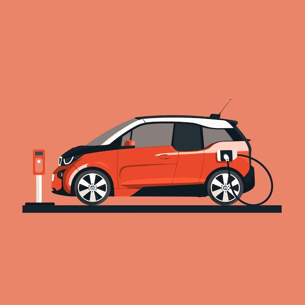 Elektrische auto Elektrische voertuig oplaadstation Vectorillustratie in platte stijl