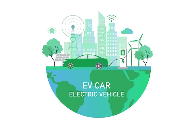 Elektrische auto EV auto auto opladen batterij bij elektrisch laadstation met zonnepaneel