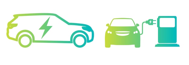 Elektrische auto met stekkerpictogram symbool Groene hybride voertuigen oplaadpunt logo Eco auto concept