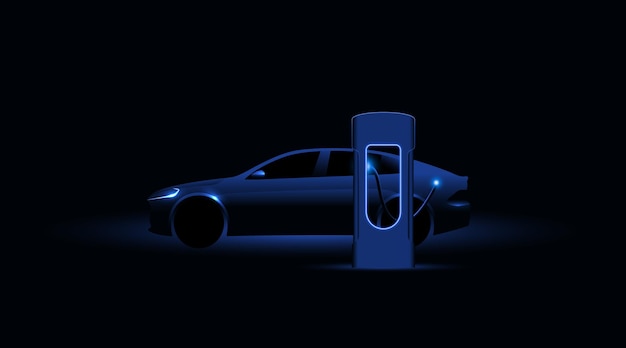 Elektrische auto opladen bij het laadstation Elektrisch voertuig concept Vector illustratie