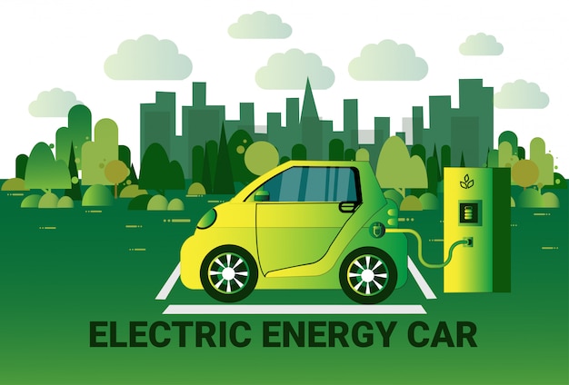 Elektrische energie auto opladen op station over groene stad achtergrond hybride vechicle concept