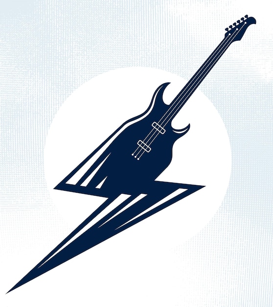 Elektrische gitaar in de vorm van bliksem, hete rockmuziek, Hard Rock of Rock and Roll concert of festival label, nachtclub live show band prestaties, vector logo.