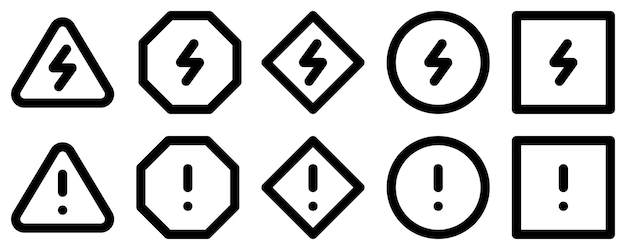 elektrische hoge spanning en waarschuwingswaarschuwingsbord verschillende vormen waarschuwingswaarschuwingspictogram geïsoleerd