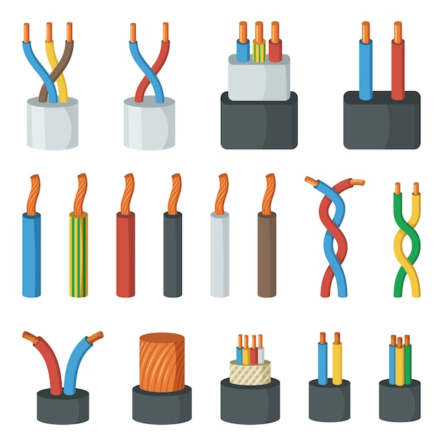 Elektrische kabeldraden, verschillende stroomsterkte en kleuren. Vectorillustraties in cartoon stijl