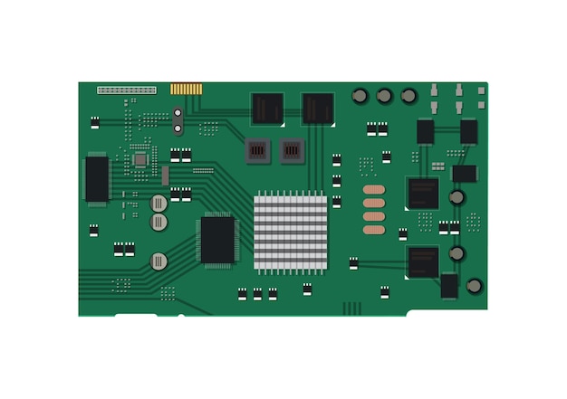 Vector elektrische printplaat met verschillende chips en elektronische componenten. vectorillustratie in vlakke stijl