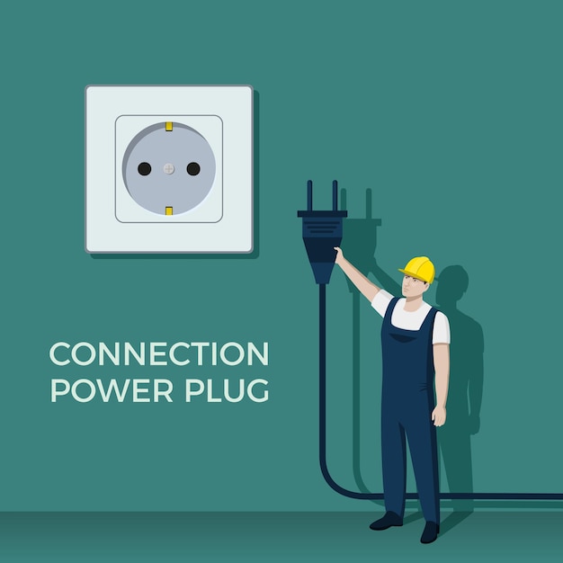 Elektrische stekker aansluiting Unplugged draad Licht stopcontact Elektricist reparatiewerk Energie aansluiting Elektrische stroom loskoppeling Onderhoudsvoorziening Werknemer in uniform Vector ontwerpconcept