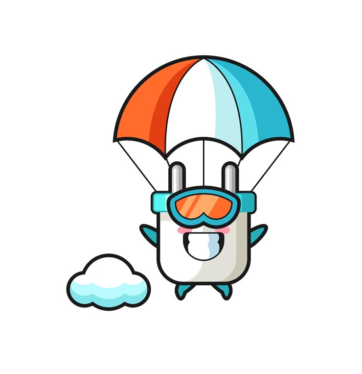 Elektrische stekker mascotte cartoon is aan het parachutespringen met een gelukkig gebaar
