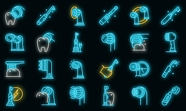 Elektrische tandenborstel pictogrammen instellen. Overzicht set van elektrische tandenborstel vector iconen neon kleur op zwart