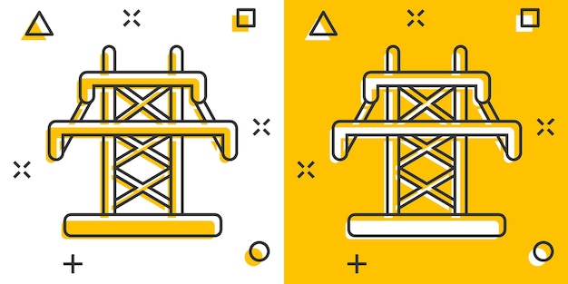 Elektrische toren pictogram in komische stijl Power station cartoon vector illustratie op witte geïsoleerde achtergrond Hoogspanning splash effect teken bedrijfsconcept