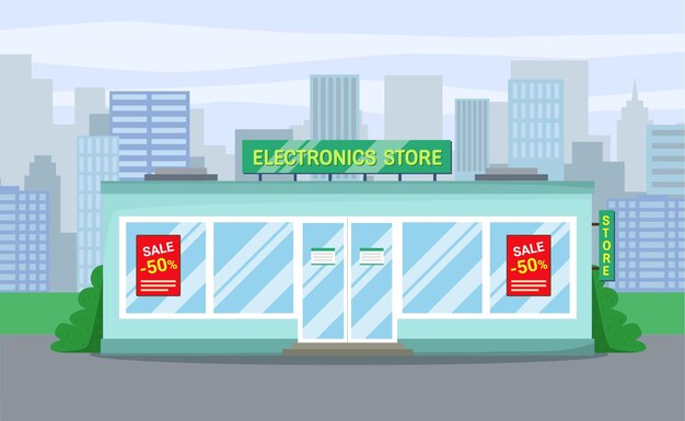 Vector elektronica winkel met promotionele posters.