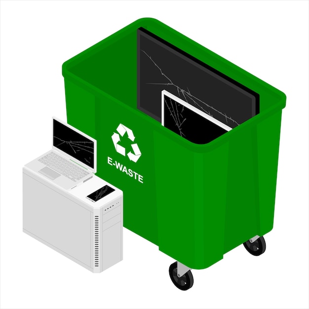 Vector elektronisch afval in groene recycling kan worden weggegooid met elektrische en elektronische apparaten