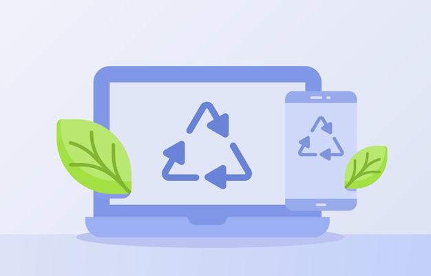Elektronisch afval recycling concept recycle pictogram driehoek op display laptop smartphone scherm wit geïsoleerde achtergrond