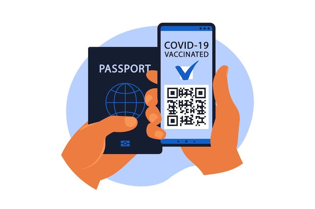 Elektronisch COVID-19 paspoortconcept. De gevaccineerde persoon die QR-code op mobiele telefoon gebruikt voor veilig reizen tijdens de pandemie. Vector illustratie. Vlak.