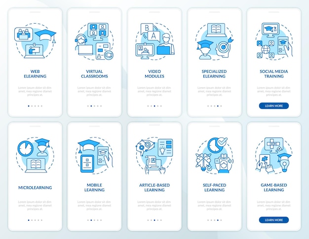 Elektronisch leren blauwe onboarding mobiele app-schermset