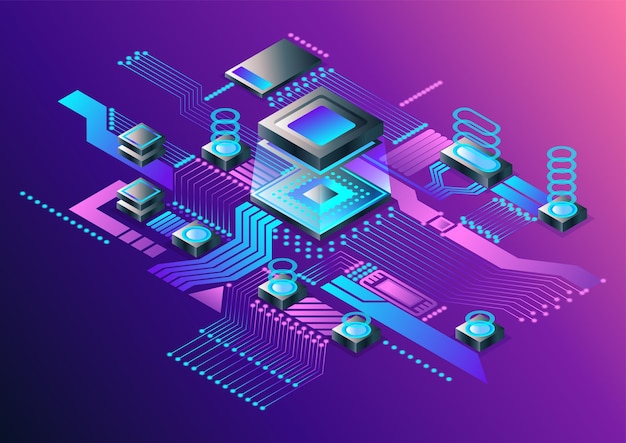 Elektronische cpu digitale chip Abstracte computerprocessor en elektronische componenten op moederbord of printplaat Elektronische apparaten op microchip of microprocessor hardware engineering AI