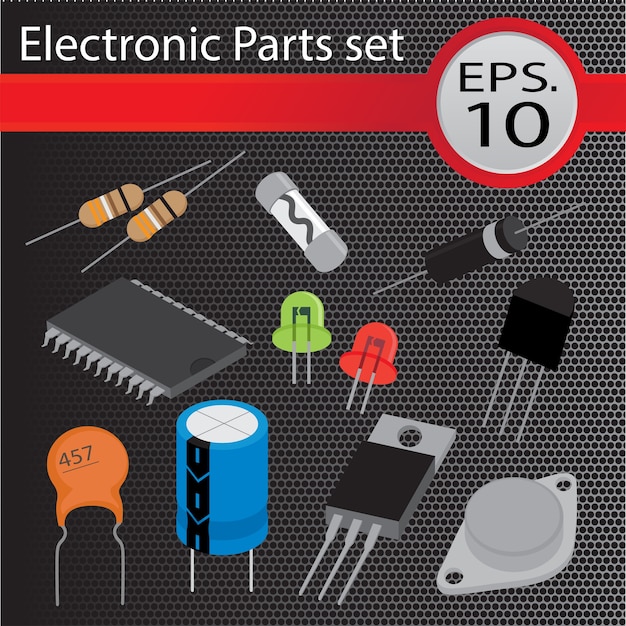 Elektronische onderdelen set, platte stijl.