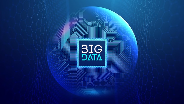 Elektronische printplaat in bol schild Big Data en Data Science Blue technologie netwerk vectorillustratie met zeshoekige golf achtergrond