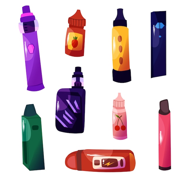 Elektronische sigaretten vector iconen Vape apparaat doodle collectie Diverse kleurrijke vape pennen