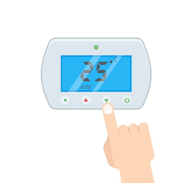 Elektronische thermostaat met hand die op de knop drukt.