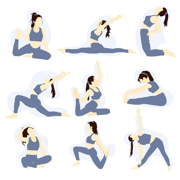 Vector element bundelt meisjes die workoutmeditatie en oefeningen doen voor fitness en yoga