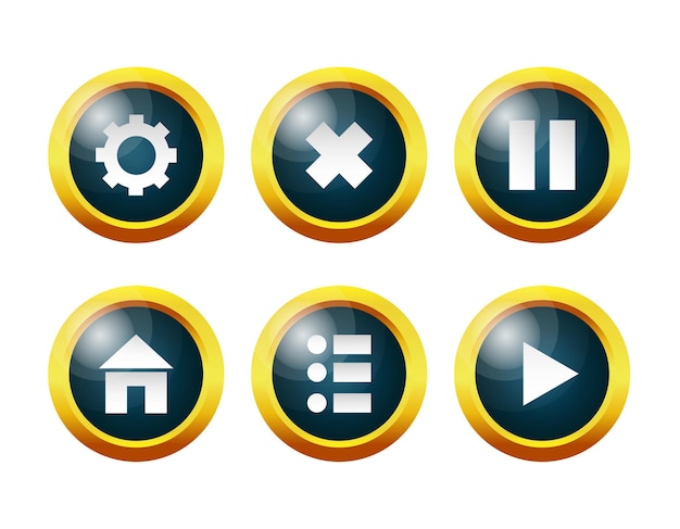 Vector element of casual game interface collection of glass buttons for 2d games settings menu home pause continue exit the game icons settings for mobile phone web applications cartoon vector