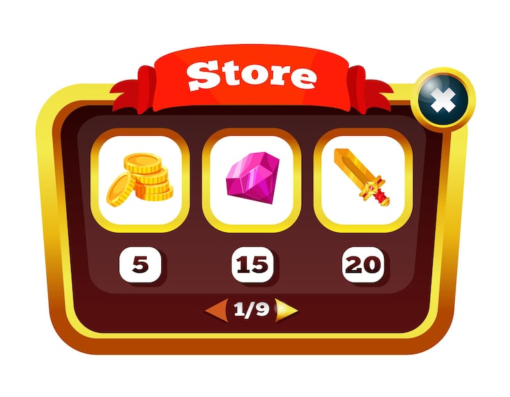 Vector 컴퓨터 게임 인터페이스 요소: 2d 게임에 대한 버튼이 있는 메뉴 패널을 가진 게임 팝업 창, 향상된 스킬을 가진 스토어, 게임 ui 키트 사용자 인터페이스 터