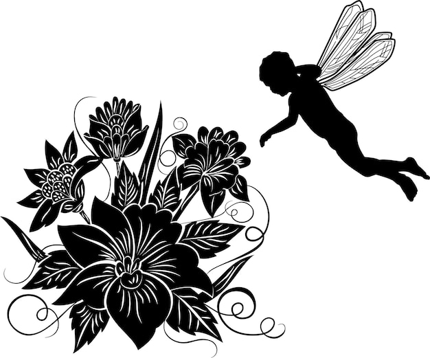 Element for design flower with silhouette elf illustration