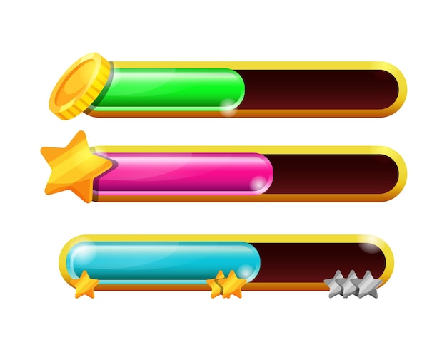 Vector element game interface game panel with buttons for 2d games scale with bonuses progress bar money coins icons dashboard for mobile phone and web applications game ui kit user interface vector