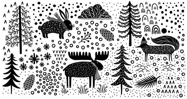 Vector element set nature forest wildlife canada.animal fox,hare,elk.season winter park.