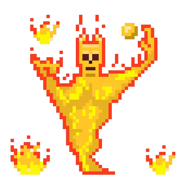 Elemental fire standing with his fire. Pixel art character. Vector illustration