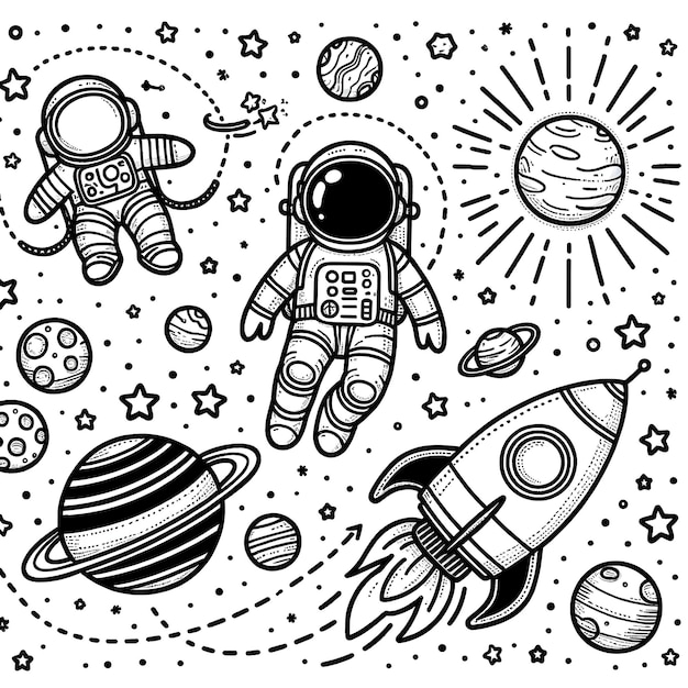 Vector elementary school appropriate coloring book page featuring a space adventure on a white background