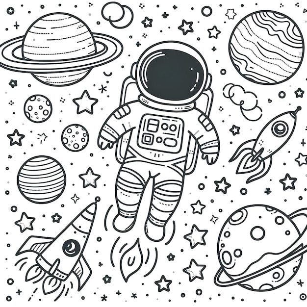 Elementary school appropriate coloring book page featuring a space adventure on a white background