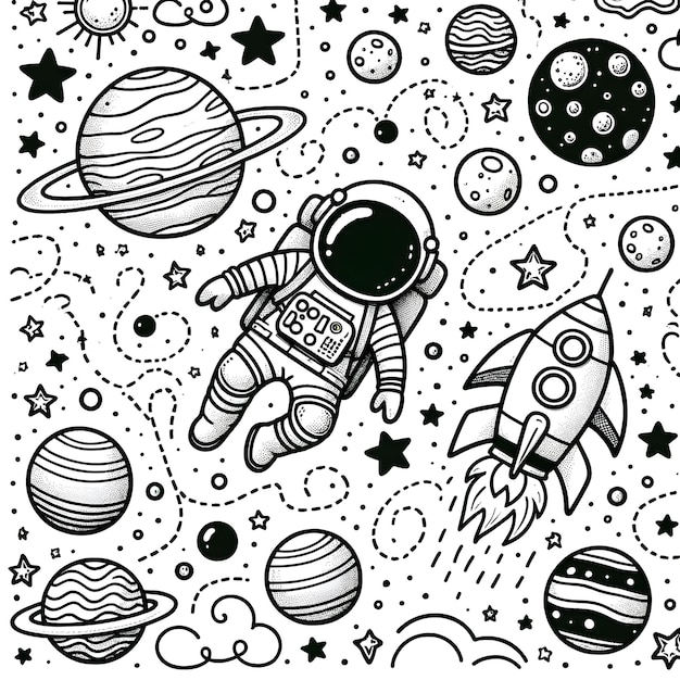 Vector elementary school appropriate coloring book page featuring a space adventure on a white background