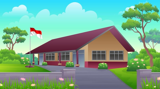 Elementary school building in the countryside with lush green lawns, grass and trees illustration