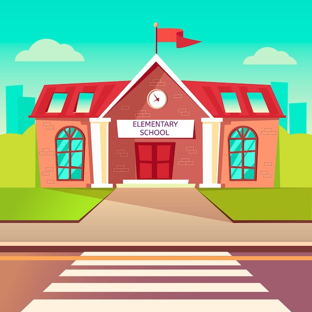 Elementary school flat vector buildung back to school cartoon background crosswalk before schoolhouse