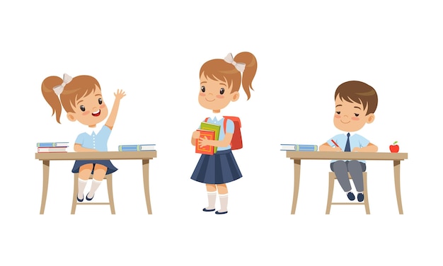 授業中に学校の制服を着た男の子と女の子をセットする小学校の生徒 カートゥーンベクトルイラスト