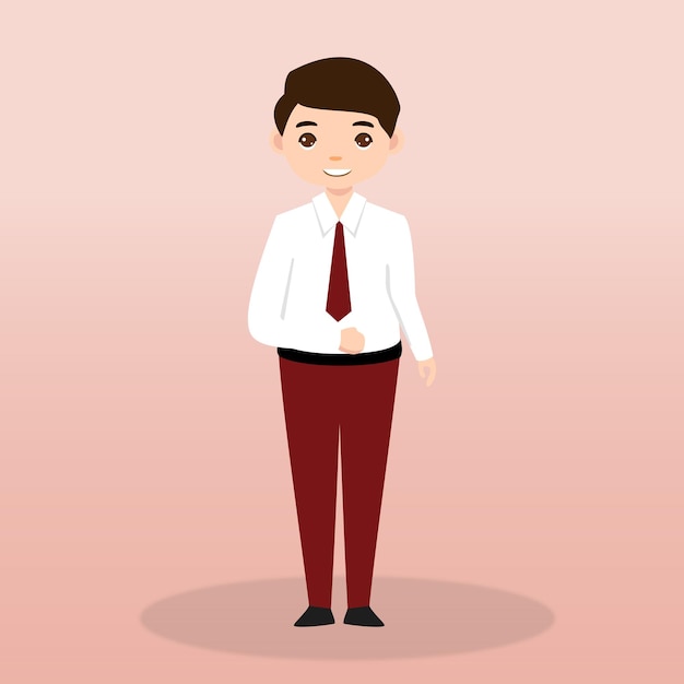 学校イラストに長い制服を着た小学生