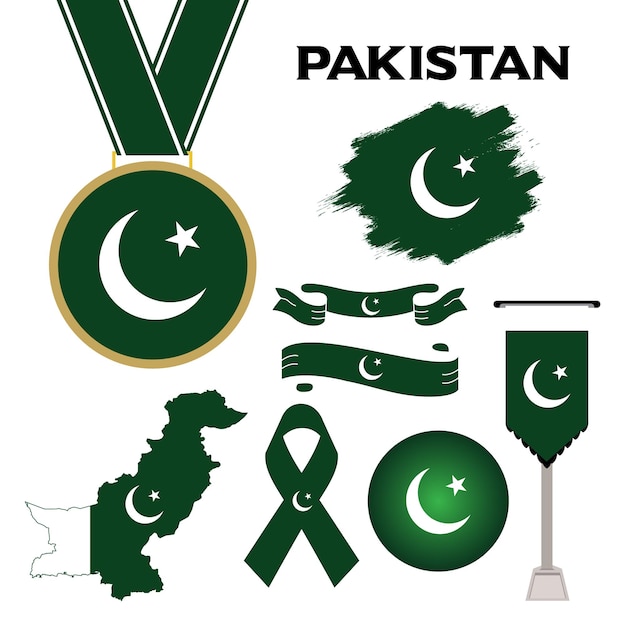 Elementen collectie met de vlag van pakistan ontwerpsjabloon. vlag van pakistan, linten, medaille, kaart