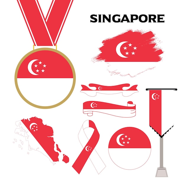 Elementen collectie met de vlag van Singapore ontwerpsjabloon. Vlag van Singapore, Linten, Medaille, Kaart