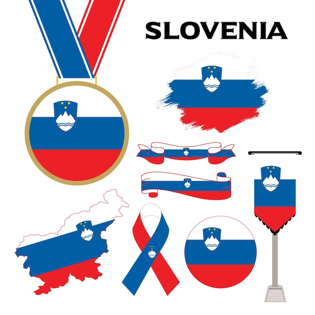 Elementen collectie met de vlag van slovenië ontwerpsjabloon. vlag van slovenië, linten, medaille, kaart