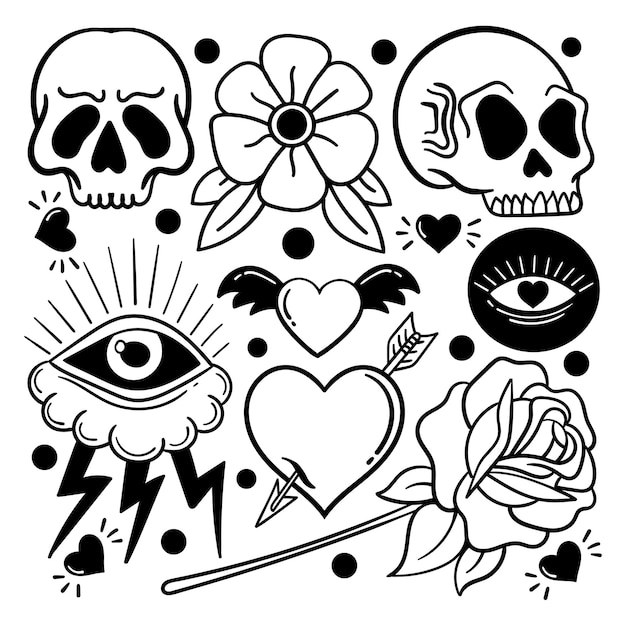 Elementen hand getrokken doodle vintage voor tattoo sticker etc