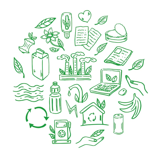 Elementen in de cirkel van de doodle vector illustratie Ecologie probleem recycling en milieusymbolen