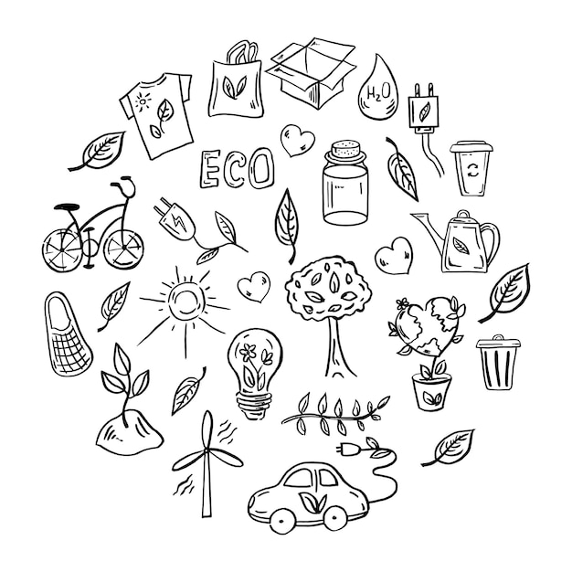 Vector elementen in een cirkel handgetekende doodle illustratie ecologie recycling en groene energie milieu