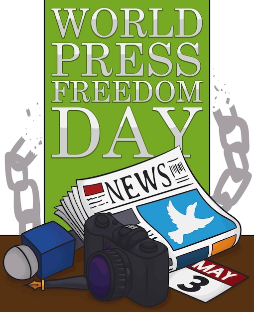 Elementen van het werk van journalisten en gebroken kettingen voor een vreedzame Werelddag van de Vrijheid van de Pers