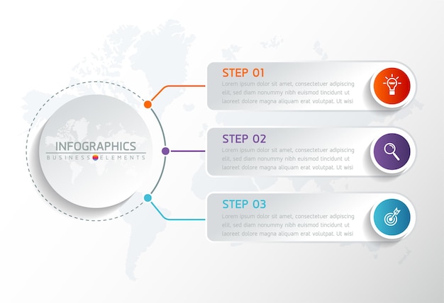 Elementen voor infographics. presentatie en grafiek. stappen of processen. opties nummer workflowsjabloon. 3 stappen.